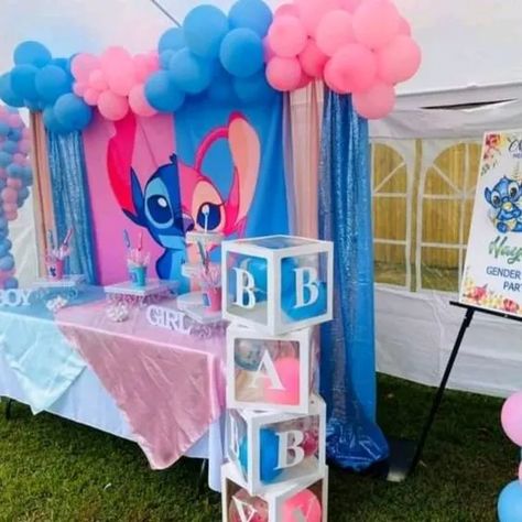 Unique Gender Reveal Party Theme Ideas, Lilo And Angel Gender Reveal, Lilo And Stitch Gender Reveal Ideas, Gender Reveal Theme Ideas Unique, Stitch And Angel Gender Reveal, Baby Gender Reveal Party Ideas, Disney Gender Reveal, Unique Gender Reveal Party Ideas, Gender Reveal Party Ideas