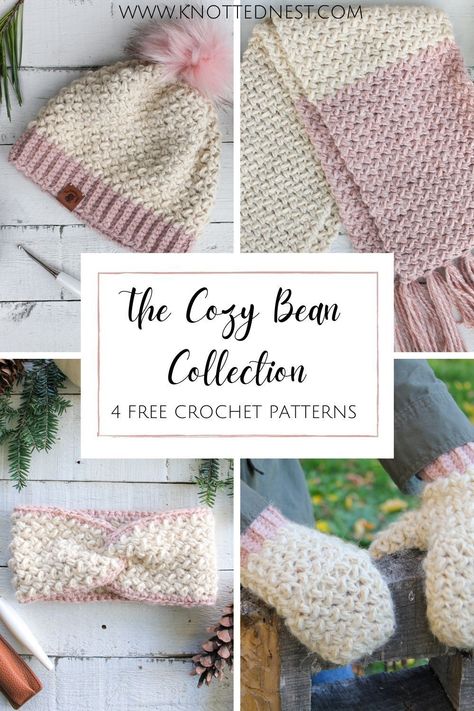 The Cozy Bean Collection is fast, easy, and of course, COZY! This crochet winter accessories matching set includes patterns for crochet convertible mittens, a crochet hat, crochet scarf, and a crochet ear warmer! #freecrochetpatterns #crochethatpattern #crochetscarfpattern #crochetmittens #crochetfingerlessgloves Crochet Headband And Mittens, Crochet Hat Gloves Scarf Set, Crochet Hat Mittens Set, Crochet Headband And Scarf Set, Crochet Beanie And Mittens Set, Crochet Hat Scarf Gloves Set Pattern, Crochet Scarf And Ear Warmer Set, Crochet Hat Scarf And Mitten Set, Winter Free Crochet Patterns