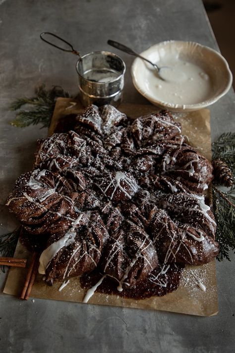 Chocolate Cinnamon Star Bread — Under A Tin Roof Cinnamon Star Bread, Cinnamon Sugar Butter, Powdered Sugar Icing, Cinnamon Roll Bread, Caramel Pears, Star Bread, Christmas Cookie Box, Sugar Icing, Tin Roof