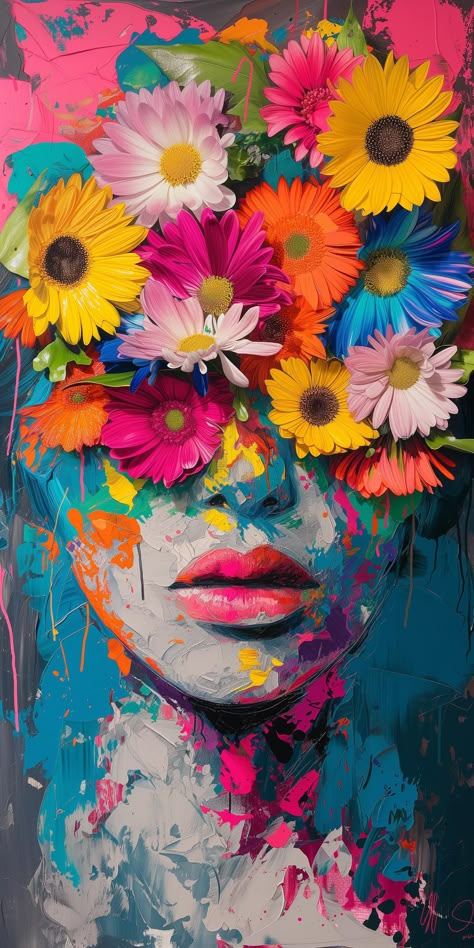 This stunning floral face oil painting, measuring 48x33 inches, is a one of a kind original piece that will bring vibrant energy to any space. The lively colors and bold design of this pop art painting make it the perfect accent for any wall. Made with oil on canvas, this artwork is a fantastic addition to your collection and adds a joyful touch to your home decor. It also makes for a great gift for any art lover. Whether you're looking for a unique statement piece or a vibrant addition to your art collection, this floral face painting has you covered. Its striking colors and intricate floral design make it a standout piece that will surely catch the eye of anyone who enters the room. Plus, with free shipping, this original painting is not only beautiful but also a great deal. Please note Art Pics Paintings, Bold Color Paintings, Vibrant Abstract Painting, Floral Artwork Painting, Watercolor Pop Art, Cool Painting Backgrounds, Impressionism Art Painting, Abstract Realism Art, Faces Painting Abstract