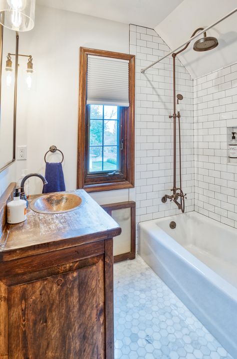 Renovating a 1930s Tudor Home in Westchester, New York 1930 Interior Design, Tudor Remodel, Tutor Style Homes, Mens Bathroom Decor, Tudor Home, Craftsman Bathroom, Rustic Vanity, Pretty Bathrooms, Tudor Style Homes