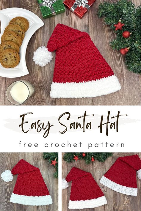 Easy Santa Hat - Free Crochet Pattern | Jo to the World Creations Crochet Santa Beanie Free Pattern, Crochet Santa Hat Free Pattern Baby, Crochet Santa Hats Free Pattern, Crocheted Santa Hat Free Pattern, Crochet Baby Santa Hat Free Pattern, Crochet Santa Hat Free Pattern For Kids, Easy Crochet Santa Hat Free Pattern, Crochet Christmas Hats For Kids, Free Crochet Santa Hat Patterns