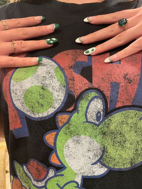 Yoshi Nails, Nintendo Nails, Video Game Nails, Game Nails, Egg Mushroom, Yoshi Egg, Mushroom Nails, 2025 Vision, Diy Nails