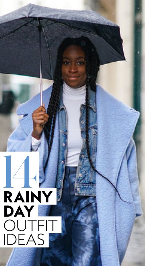 Ahead, we’ve rounded up 14 cute outfits to wear when it rains, along with some tips on why they'll work. #streetstyle #womensfashion Rainy Day Outfit Dressy Chic, Rainy Day Seattle Outfit, What To Wear When It Rains, Outfits When Its Raining, What To Wear When Its Raining, Rain Work Outfit Rainy Days, Modest Rainy Day Outfit, Rainy Day Church Outfit Winter, Rainy Day Athleisure Outfit