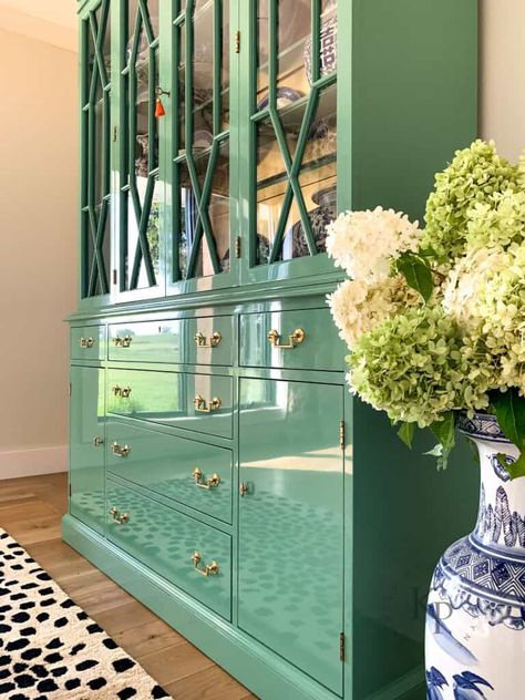 Emerald Green China Cabinet, Green China Cabinet, Painted China Cabinet, China Cabinet Redo, China Cabinet Makeover, Fine Paints Of Europe, Painted China Cabinets, Antique China Cabinets, Painting Hacks