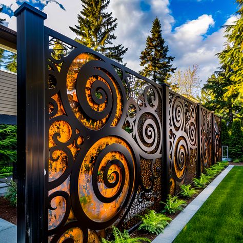 Beyond Barriers: Unveiling the Artistry of Unique and Creative Metal Fence Designs - ArtistryApex.com Black Wire Fence Ideas, Fence Design Wood And Metal, Beautiful Fence Ideas, Fence Wood And Metal, Outdoor Wall Design Ideas, House Fence, Decorative Metal Fence Panels, Metal Fence Ideas, Artistic Gate Design