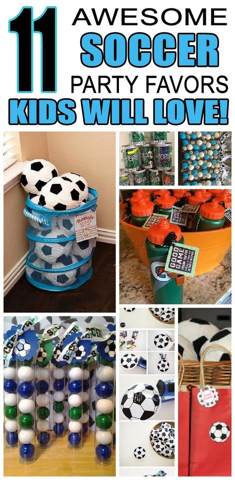 11 awesome Soccer party favors kids will love. Childrens birthday party favors for soccer birthday parties. Soccer Ball Party Favors, Soccer Birthday Favor Ideas, Soccer Birthday Party Snacks, Soccer Themed Party Favors, Outdoor Soccer Party Ideas, Soccer Loot Bag Ideas, Party Favors For Kids Birthday Boy, Soccer Birthday Party Favors, Soccer Pool Party