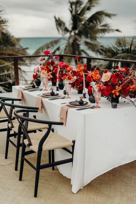 Beach Wedding Inspo, Beach Wedding Red, Mexico Beach Weddings, Beach In Mexico, Romantic Beach Wedding, Wedding Appetizers, Parisian Wedding, Red Wedding Flowers, Tulum Wedding