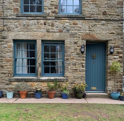 Teal painted sliding sash windows in a stone property House With Blue Windows, Inchyra Blue Exterior, Painted Sash Windows, Coloured Window Frames Exterior, Painted Windows Exterior, Coloured Windows Exterior, Blue Window Frames Exterior, Blue Windows Exterior, Color Window Frame