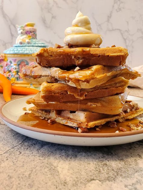 Carrot Cake Waffles! - She's Got The Cooks Best Belgian Waffle Recipe, Carrot Cake Waffles, Cake Waffles, Belgian Waffles Recipe, Sweet Cherry Pie, Breakfast Pie, Liege Waffle, Dessert Waffles, Soda Shop