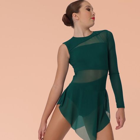 FERN 🌿 - $89 A forest green fusion of lycra and mesh combine to create this lovely style, suitable for lyrical and contemporary choreography.  Fern has one elegant long sleeve, a full mesh back and a soft circle skirt that dips lower in the front and back.  Email design@stageboutique.com for details of other colourways available to order for groups of 10 or more. FERN 🌿 - $89 #dancefashion #tutu #ballet #designerdancecostumes #costumedesign #classicalballet #dancecostumes #pink #instagramford... Black And Green Dance Costume, Dance Costumes Contemporary, Green Dance Costume, Contemporary Choreography, Forest Green Skirt, Solo Dance Costumes, Tap Costumes, Lyrical Dresses, Contemporary Dance Costumes