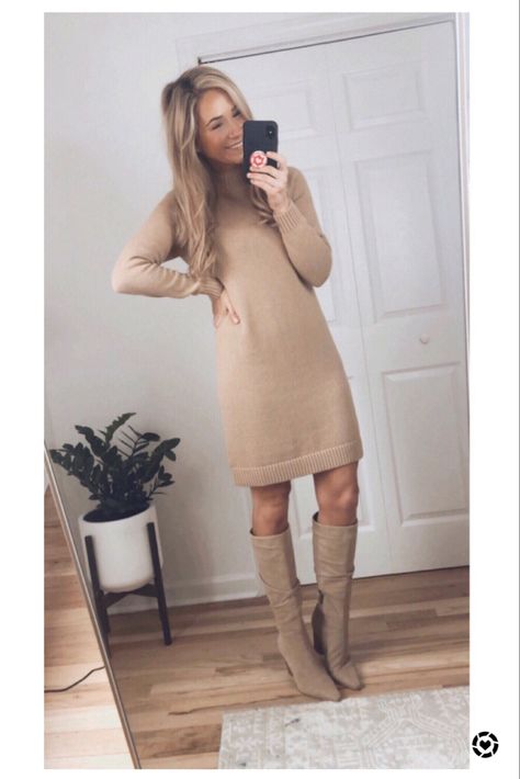 Sweater Dresses With Knee High Boots, Dresses And Knee High Boots, Tan Dress With Boots, Tall Taupe Boots Outfit, Taupe Knee High Boots Outfit, Tan Sweater Dress Outfit, Sweater Dresses With Boots, Knee Length Dress Outfit, Winter Sweater Dress Outfit