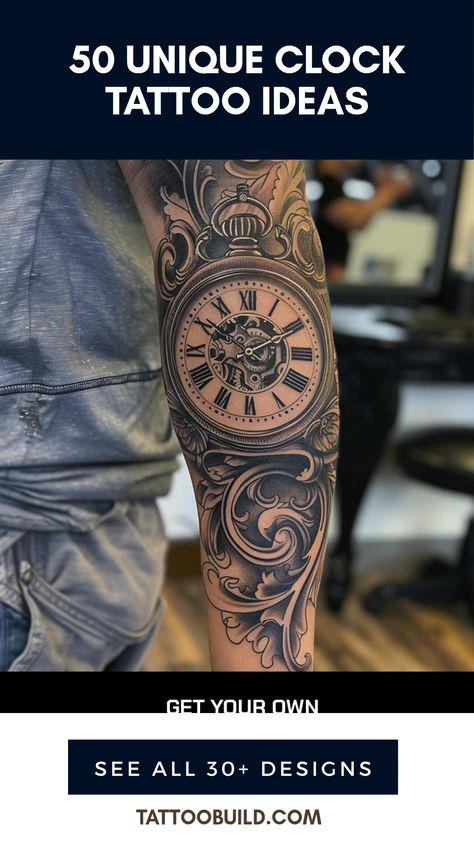 Looking for stunning clock tattoo ideas? We've gathered 50 creative clock tattoo designs that not only look amazing but carry deep meanings about time and life. From intricate hourglass tattoos to a vintage clock with flowers, these designs are perfect for storytelling through ink. Whether you appreciate the symbolism of time or want a distinct piece of art, our ideas cater to all preferences. Explore various styles and ways to personalize your tattoo while making a timeless statement! Clock Forearm Tattoo Men, No Quarter Tattoo, Clock Tattoos For Women, Clock Tattoo Design For Men, Birth Clock Tattoo, Melting Clock Tattoo, Old Clock Tattoo, Clock Tattoo Designs, Clock Tattoo Ideas