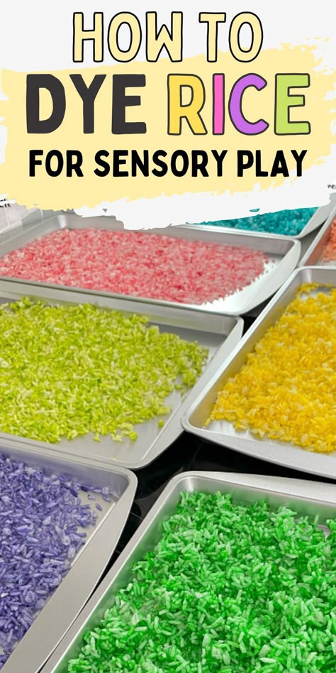 Dyed Rice Sensory, How To Make Coloured Rice Sensory Play, Colour Rice Sensory Play, Dye Rice For Sensory Bin, Rice I Spy Bottles, How To Colour Rice For Sensory Play, Sensory Rice Food Coloring, Rice Play Activities, How To Dye Rice With Food Coloring