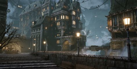 Michael Andrews showed how he uses a modular approach to create a stunning part of a fictional city. Lovely work with the lighting and architecture. Victorian City, Victorian Street, Ice Fantasy, Steampunk City, Fantasy City, Fantasy Places, Sound Of Rain, Fantasy Concept Art, Animation Background