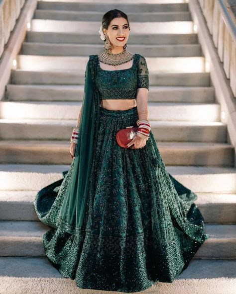 15+ Latest Bottle Green Lehenga Designs For Brides-To-Be - ShaadiWish Green Reception Lehenga, Emerald Green Reception, Stylish Lehenga Designs, Reception Outfit Ideas, Green Bridal Lehenga, Dark Green Lehenga, Green Reception, Lehenga Green, Stylish Lehenga