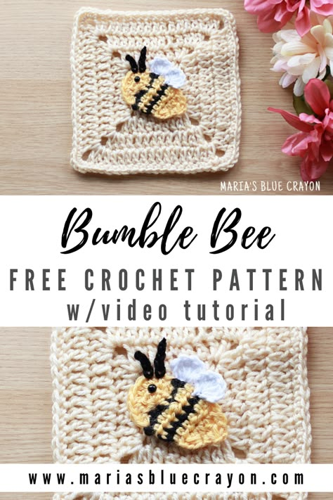 Crochet Squares Pattern Free Easy, Yarn Squares, Crochet Bee Applique, Spring Blanket, Bee Applique, Granny Square Häkelanleitung, Motifs Granny Square, Blue Crayon, Crochet Applique Patterns Free