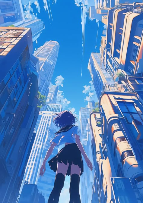 Anime Building Wallpaper, Anime World Aesthetic, Ghibli Landscape Scenery, Aerial Perspective Drawing, Anime Background Drawing, Anime Buildings Background, Paintings Characters, Ghibli Landscape, Poses Perspective