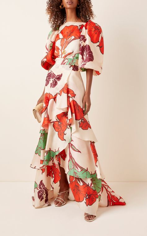 Forbidden Tropics Floral Silk Gown by JOHANNA ORTIZ Now Available on Moda Operandi Elegant Two Piece Outfit, Johanna Ortiz Dresses, Angel Trumpet, African Inspired Clothing, Johanna Ortiz, Romantic Design, Silk Gown, Puffed Sleeves, Thigh High