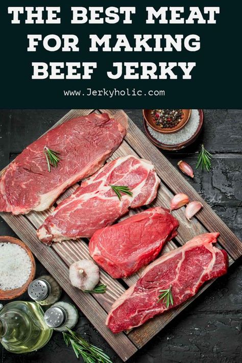 A row if different cuts of steak on a wooden cutting board surrounded by bowls and bottles of oils and seasonings. Dehydrator Jerky, Beef Jerky Recipe Dehydrator, Jerky Recipes Dehydrator, Jerkey Recipes, Jerky Marinade, Making Beef Jerky, Homemade Beef Jerky, Homemade Jerky, Beef Jerky Recipes