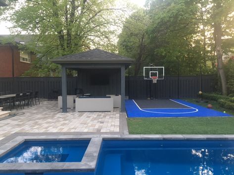 Basketball In Backyard, Pool And Basketball Court Small Backyard, Pool With Basketball Court, Home Outside Basketball Court, Small Sport Court Backyard Ideas, House With Basketball Court Outside, Basketball Court Backyard Landscaping, Basketball Court Backyard Ideas, Basketball Backyard Court