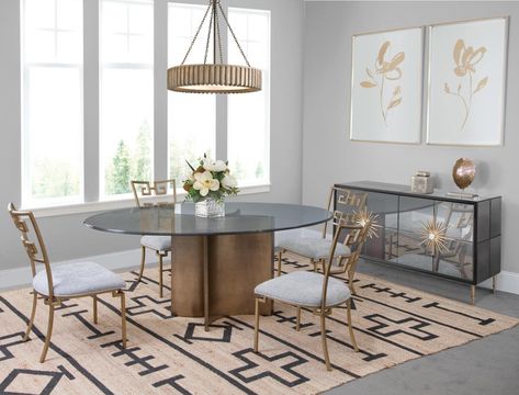 Amazon.com: Bassett Mirror 2914-700-926EC Symmetry Dining Table Household, Champagne : Home & Kitchen Wood Edging, Glass Top Dining Table, Mirror Panels, Furniture Market, Oval Table Dining, Oval Table, Pedestal Dining Table, Mirrored Furniture, Gold Wash