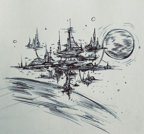 Sci Fi City Drawing, Futuristic City Sketch, Futuristic City Drawing Easy, Futuristic Drawing Ideas, Futuristic Drawings Sketch, Future City Drawing Ideas, Spaceship Drawing Sketches, Future City Drawing Easy, Futuristic Sketches