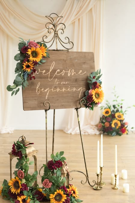 Sunflower Wedding Decorations, Flower Sign, Rustic Sunflower Wedding, Sunflowers And Roses, Sunflower Themed Wedding, Large Flower Arrangements, Wedding Arch Flowers, Arch Flowers, Ceremony Signs