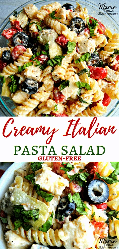 Gluten-Free Creamy Italian Pasta Salad. Homemade creamy Italian dressing combined with artichokes hearts, black olives, grape tomatoes, mozzarella cheese, roasted red peppers and gluten-free rotini pasta. Perfect for your next cookout or family get together. A summer classic that everyone loves! gluten-free pasta salad, creamy Italian pasta salad, gluten-free Recipe from www.mamaknowsgltuenfree.com #pastasalad #glutenfree #easyrecipe Creamy Italian Pasta, Homemade Creamy Italian Dressing, Creamy Italian Pasta Salad, Creamy Italian Dressing, Gluten Free Pasta Salad, Classic Pasta Salad, Creamy Pasta Salads, Italian Pasta Salad, Gluten Free Italian