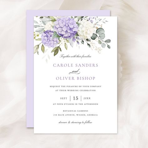 Lilac White Wedding, Purple Wedding Card, Purple Hydrangea Wedding, Lilac Wedding Themes, Catholic Wedding Invitations, Lilac Wedding Invitations, Hydrangea Wedding Invitations, Lavender Wedding Invitations, Wedding Invitation Floral