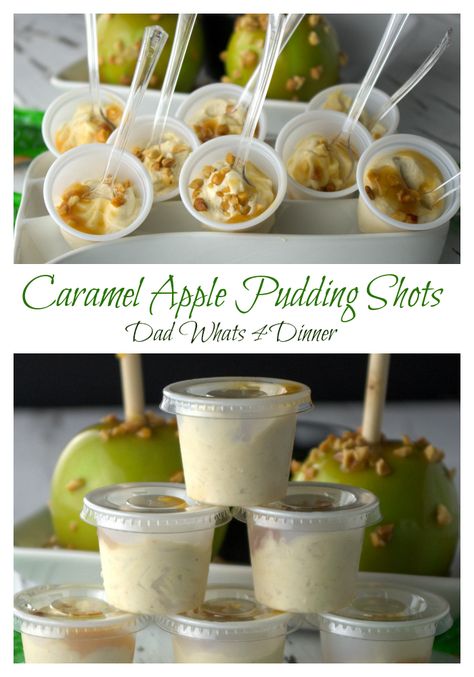 Apple Pudding Shots, Caramel Pudding Shots, Caramel Apple Pudding, Pudding Shot Recipes, Jello Pudding Shots, Apple Pudding, Fall Parties, Alcoholic Desserts, Dessert Shots