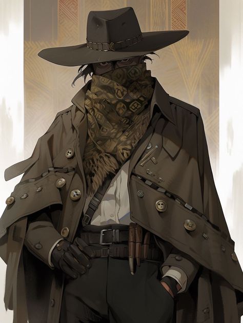 Dnd Wild West Character, Cool Hat Drawing, Cowboy Pirate Aesthetic, Cowboy Artificer, Cowboy Dnd Character Art, Medieval Assassin Aesthetic Men, Cowboy Paladin, Tabaxi Cowboy, Old Western Character Design