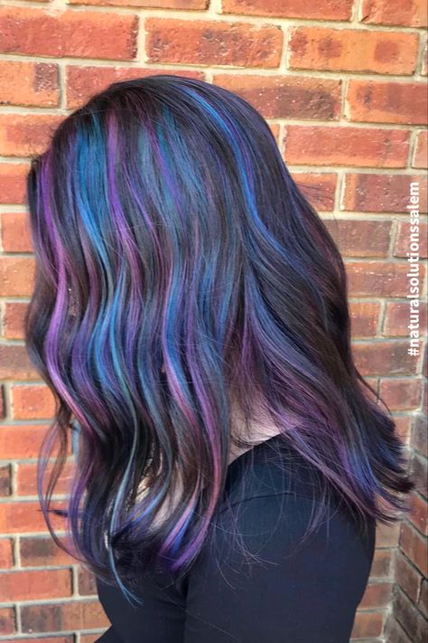 Purple And Blue Highlights Black Hair, Black Hair Blue Highlights Long, Black Hair With Blue And Purple Streaks, Galaxy Hair Highlights, Dark Blue And Purple Hair Highlights, Black Blue Purple Hair, Blue And Purple Streaks In Hair, Black Blue And Purple Hair, Blue And Purple Hair Highlights