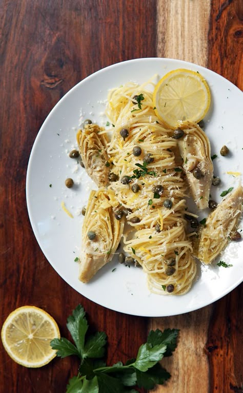 angel hair pasta in a lemon butter sauce with artichoke and capers Angel Hair Pasta With Artichokes, Artichoke Caper Pasta, Lemon Angel Hair Pasta, French Mussels, Lemon Caper Pasta, Pasta With Capers, Lemon Butter Pasta, Angel Hair Pasta Recipes, Chef Michael Smith