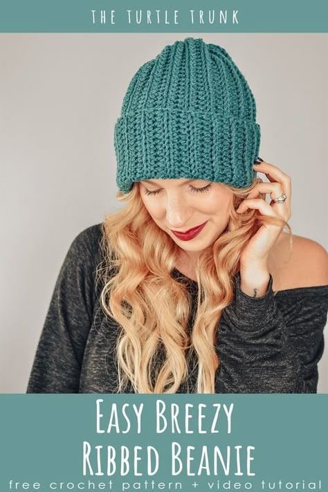 Pinterest Pin for the Easy Breezy Ribbed Beanie crochet pattern by The Turtle Trunk Easy Breezy Ribbed Beanie, Crochet Hygge, Easy Crochet Hat Patterns, Crochet Beanie Pattern Free, Boots Pattern, Crochet Adult Hat, Crochet Hat For Beginners, Crochet Shell, Fast Crochet