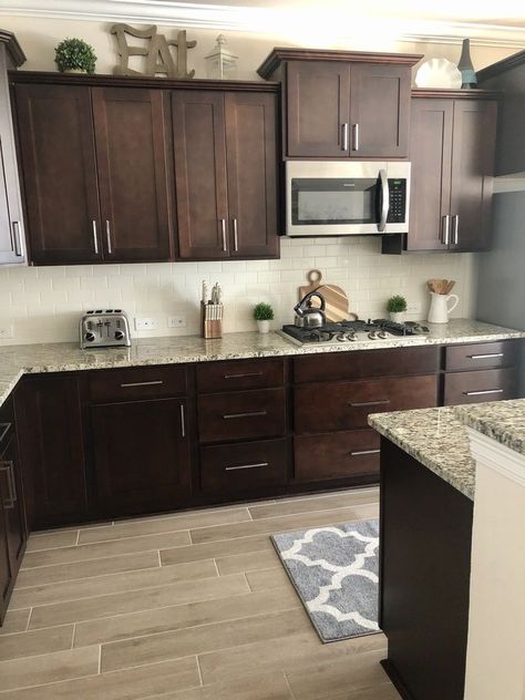 Dark Brown Kitchen Cabinets, Brown Kitchen Ideas, Dark Brown Kitchen, Dark Brown Cabinets Kitchen, Dark Cabinets Kitchen, Dark Brown Cabinets, Grey Kitchen Floor, Kitchen Ideas Dark Cabinets Espresso, Light Floors