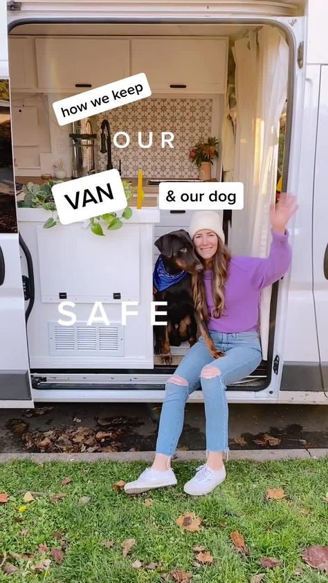 Van Life Interior With Dog, Van Living Essentials, Van Security Ideas, Camper Life With Dogs, Motorhome With Dogs, Van Conversion With Dog, Van Life Workout, Camper Living With Dogs, Campervan Dog Ideas