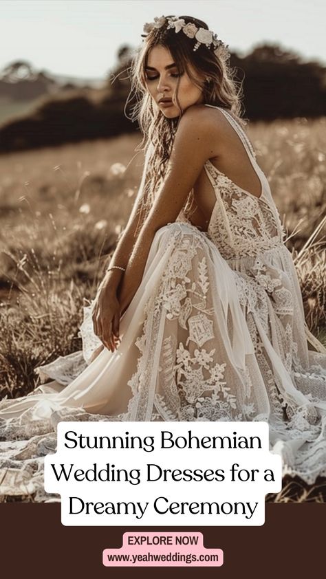 A stunning bride wearing a stunning Bohemian wedding dress with lace details and flowing fabrics, perfect for a dreamy ceremony, capturing the essence of boho elegance and comfort. Lacy Boho Wedding Dress, Boho Wedding Dress With Veil, Hippie Boho Wedding Dress, Boho Wedding Veils, Boho Elegant Wedding Dress, Beach Boho Wedding Dress, Lace Boho Wedding Dress, Wedding Dress Aline, Boho Lace Wedding Dress