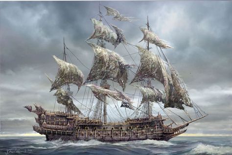 AWEFlyingDutchmanConceptArt Pirate Ship Tattoos, The Flying Dutchman, Kaptan Jack Sparrow, Wooden Ship Models, Old Sailing Ships, Sea Of Thieves, Flying Dutchman, Pirate Art, Marine Painting