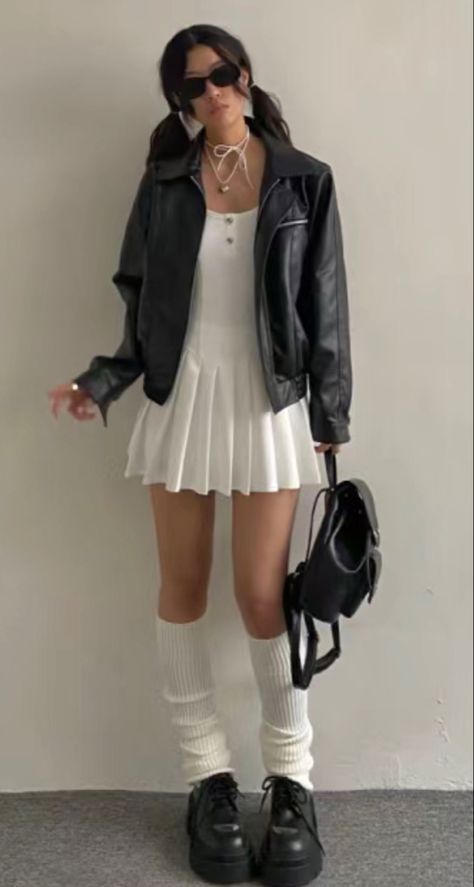 White Pleats Skirt Outfit, White Dress Leather Jacket Aesthetic, Short White Dress With Leather Jacket, White Dress Outfit With Jacket, Black Mini Skirt Outfit Pleated, Leg Warmer Loafers, White Dress Aesthetic Outfit, White Tennis Skirt Aesthetic, Outfit Ideas With Pleated Skirts