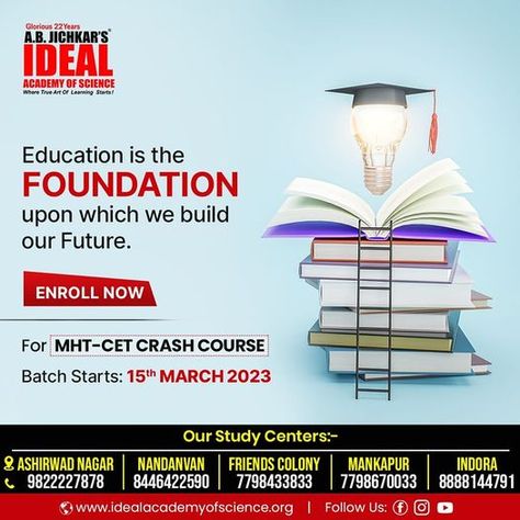 Are you looking for MHT-CET Crash Course? 👉So Admissions are open for MHT-CET Crash Course at Ideal Academy of Science ✅Batch starts - 15th March 2023 📲For more details call on +91-9822227878, +91-8446422590, +91-7798433833 +91-7798670033, +91-8888144791 📌Enroll now https://idealacademyofscience.org #educationfirst #cbse #entranceexamination #entranceexampreparation #entranceexamalert #entranceexamcoaching #mhtcet2023 #medicalentrance #engineering #Nagpur Admissions Poster, Enroll Now, Entrance Exam, March 2023, Math Class, Creative Ads, Crash Course, Alchemy, Chemistry