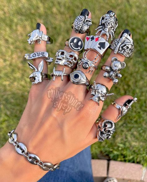 CYBERSPACE SHOP on Instagram: “WINNERS: @zahravtte @that_emo_kid999 @gh0ulcollector 🎉 GIVEAWAY TIME!! We are giving away a RING of your choice from our new RING…” Styl Emo, Emo Rings, Dark Accessories, Gothic Spider, Emo Jewelry, Emo Accessories, Women Skeleton, Bo Derek, Couple Fashion