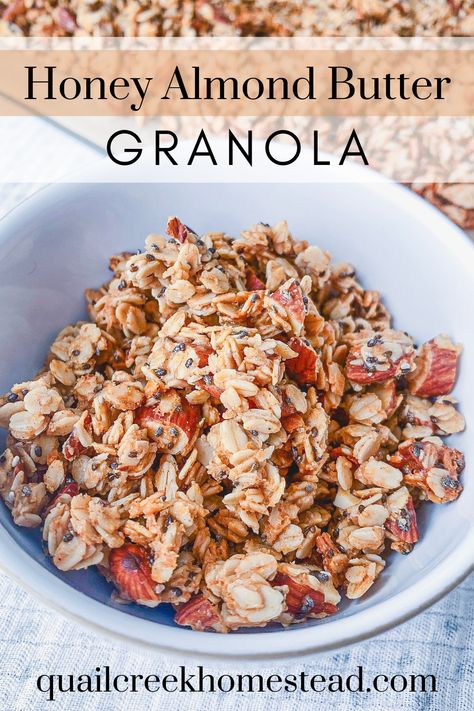 Honey Almond Butter Granola - Quail Creek Homestead Unique Granola Recipes, Oat Clusters Recipe, Honey Almond Granola Recipe, Homeade Granola, Almond Butter Granola, Honey Almond Granola, Granola Butter, American Test Kitchen, Vanilla Granola