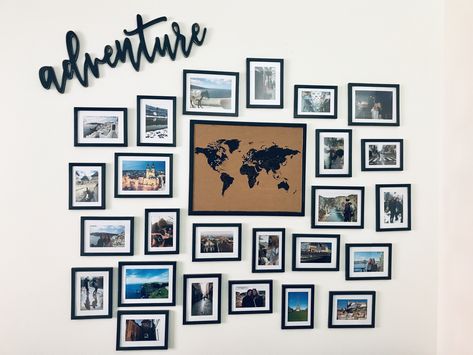 Travel Photo Wall Ideas Hallway, Travel Picture Wall Ideas, Travel Photo Wall Ideas, Travel Picture Wall, Travel Wall Collage, Travel Room Decor, Family Photos Wall Decor, Travel Photo Wall, Adventure Wall Decor