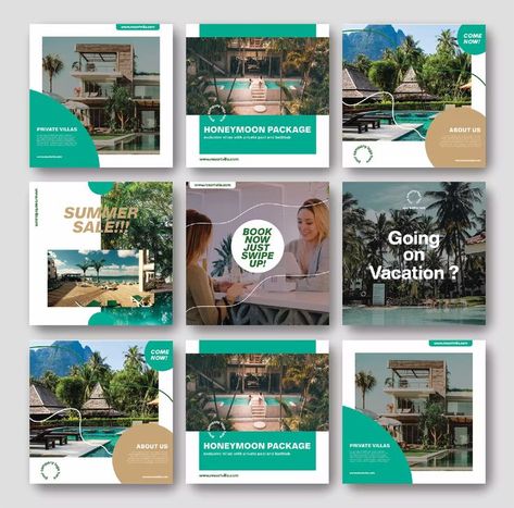 Vacation Holiday Instagram Post Templates AI, EPS Resort Instagram Feed, Resort Social Media Post Design, Travel Post Ideas Instagram, Resort Social Media Post, Hotel Instagram Post, Tourism Branding, Travel Instagram Post, Hotel Marketing Design, Instagram Grid Design