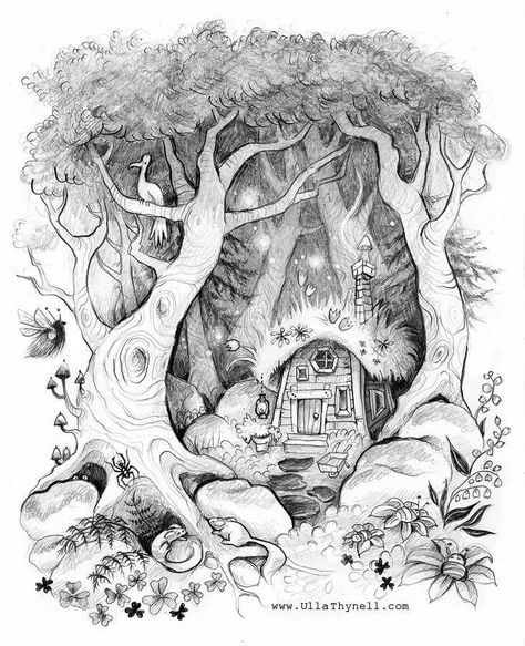 Children illustration Ulla Thynell, Fairy Drawings, Fantasy Drawings, Forest Illustration, House Drawing, Art And Illustration, Fairy Art, Illustration Inspiration, A Drawing