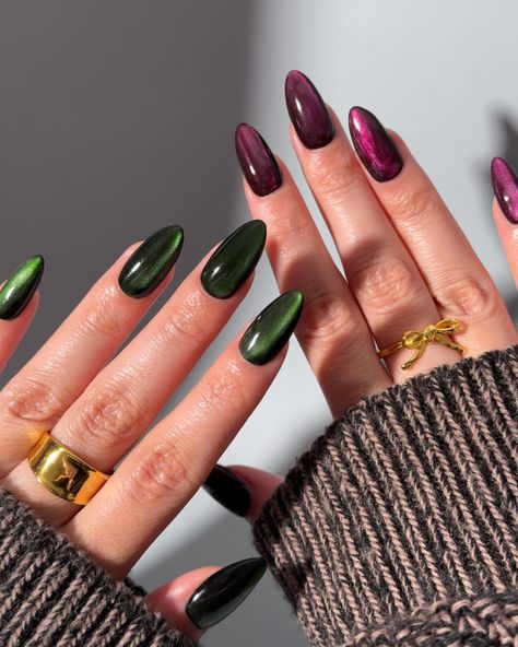 Pink goes good with green 🩷💚 Wicked Nails, Glass Edition Products used: @gelcare.official Patent Leather Black Bevimee - Silver Cat Eye @from_the_nail_korea @moregelofficial • use code: THECOLORNOOK to save @nominal #gelcare #fgel #inknails #gelnails #greennails #pinknails #wickednails #wicked #glassgelnails #glassnails #trendynails #nailartist #gelx #cateyenails cat eye gelx glass nails wicked pink and green Cat Eye Oval Nails, Jade Cat Eye Nails, Green Wicked Nails, Green Opal Nails, Magnetic Green Nails, Glass Nails Cat Eye, Colorful Cat Eye Nails, Green Glass Nails, Jewel Tone Nail Designs