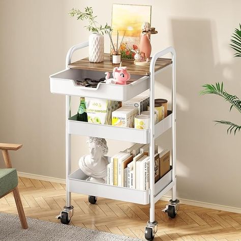 Amazon.com: SNTD 3 Tier Rolling Cart with Wheels - Utility Storage Cart with Drawer and Wood Top, Metal Art Cart for Kitchen, Office, Classroom (White) : SNTD: Office Products Rolling Cart With Drawers, Storage Cart With Drawers, Teacher Cart, Rolling Utility Cart, Organization Cart, Cart With Wheels, Kitchen Storage Cart, Cozy Office, Tool Cart