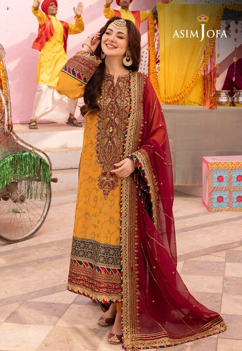 Orange Mehndi Dress, Mehndi Dresses, Mehndi Dress, Asim Jofa, Luxury Wear, Ladies Clothing, Embroidered Neckline, Shalwar Kameez, Suit Fabric