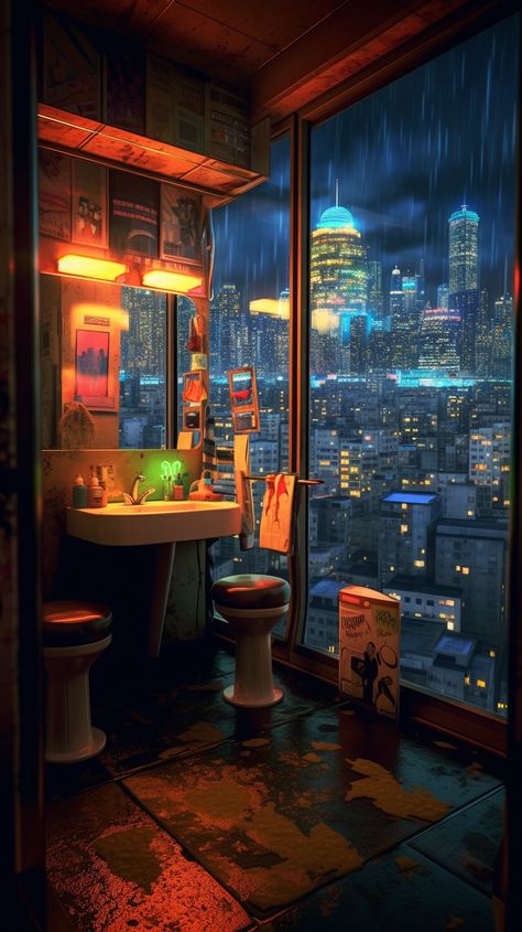 Cyberpunk Bathroom, Beautiful Houses Inside, Cyberpunk Apartment, Cyberpunk Room, Cardboard Cupcake Stand, Dessert Tower, Cyberpunk Cityscape, Pixel Game, Game Style